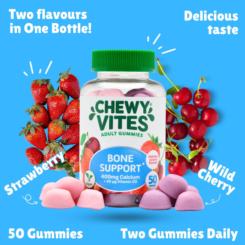 Chewy Vites Adult Bone Support 50 Vitamin Gummies, 400mg Calcium Gummies with 20 mcg Vitamin D3, for Bones, Teeth & Muscle Function, 2-a-Day, Vegan, Mix of Wild Cherry and Strawberry Flavour