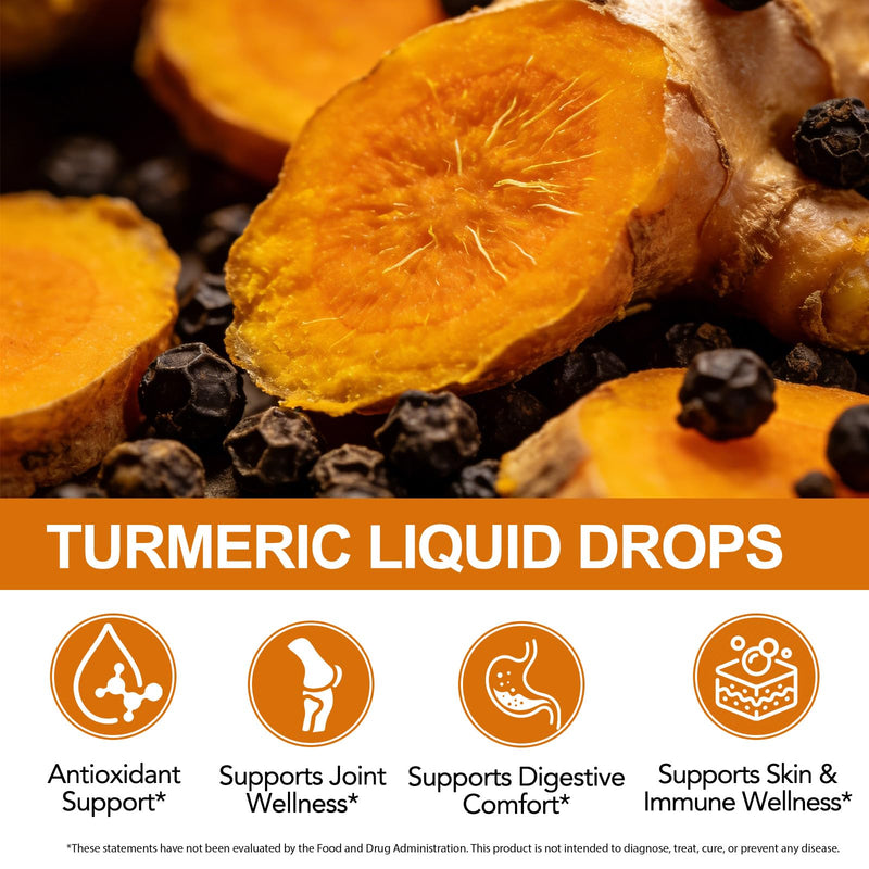 Turmeric Supplement Liquid 2.02 Fl oz - Natural Turmeric & Black Pepper Liquid Drops with Turmeric Root Extract and Piperine for Enhanced Absorption, Alcohol-Free, Sugar-Free & Vegan