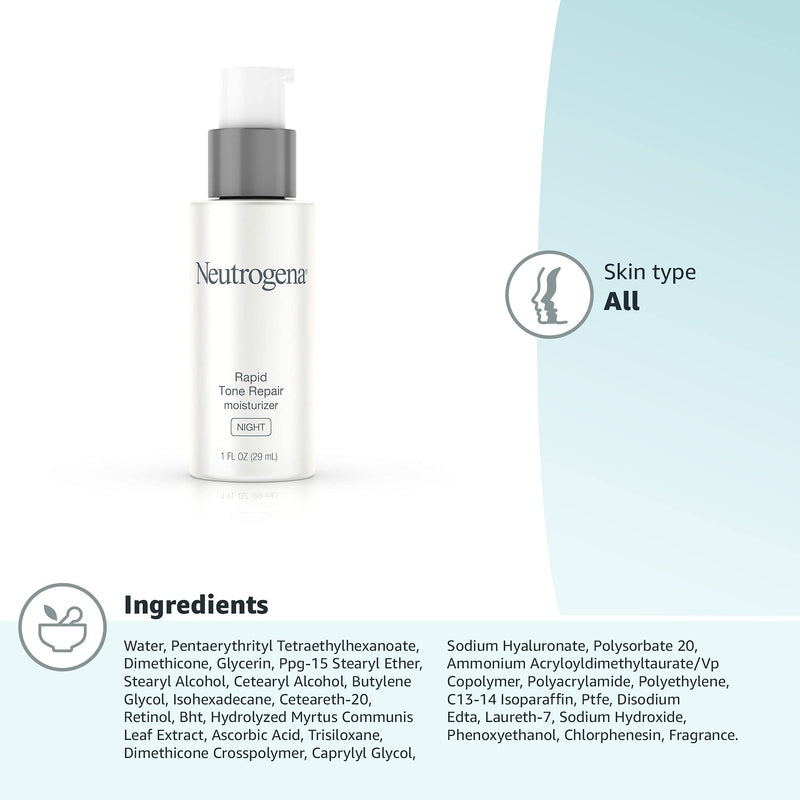 Neutrogena Rapid Tone Repair Night Cream with Retinol, Vitamin C and Hyaluronic Acid - Anti Wrinkle Face and Neck Moisturizer - Vitamin C, Retinol, Glycerin, Hyaluronic Acid, 1 fl. Oz