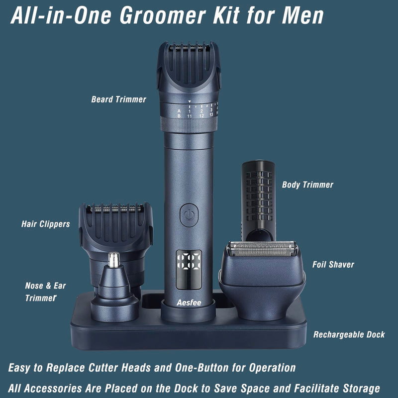 [Australia] - Beard Trimmers Kit for Men Precise Dial Adjustable 20 Lengths, 5-IN-1 Electric Shavers and Hair Clippers Set - Body Nose Ear Mustache Hair Trimmers Razors Waterproof Wet/Dry - USB-C Charging Dock Blue 