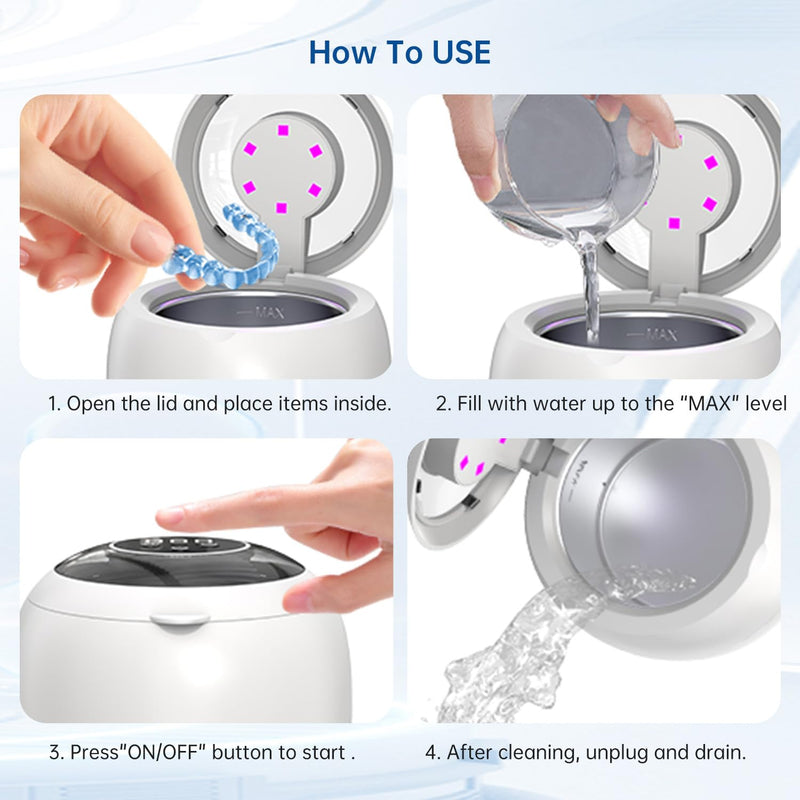 [Australia] - Wireless Ultrasonic Cleaner,Westdeer 45kHz,UV Cleaning,for Dentures,Watch Bands,Toothbrush Heads,Pacifiers,Jewelry Rings,4 Modes,210ml Capacity,Travel (white) White 