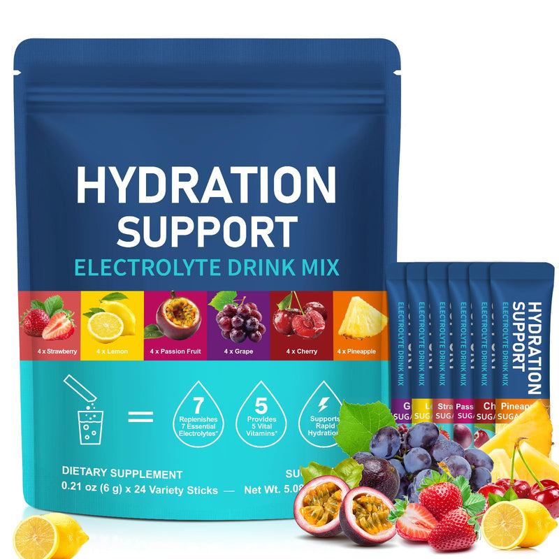 24 Pack Electrolyte Powder sachets, Electrolytes sachets Sugar Free Hydration Support with 6 Flavours, Liquid Daily IV Electrolyte Drink Mixes for Rehydration with Electrolytes