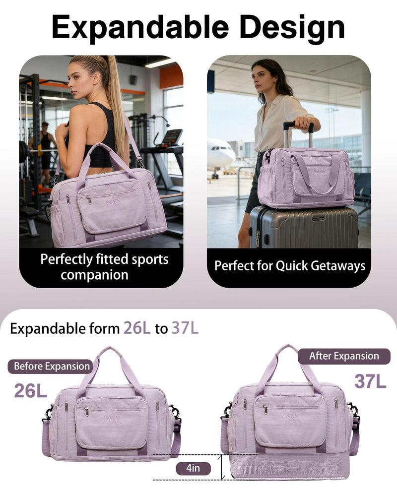 Expandable Travel Duffle Bag, 37L Gym Bag With Shoes Compartment & Wet Pocket, Lightweight Carry On For Weekender, Sport, Water Resistant (Purple) purple