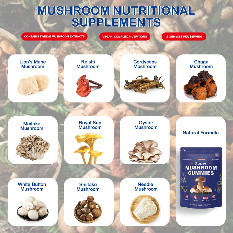 Super Mushroom Gummies with Lion's Mane Supplement, Energy, Focus, Raspberry Flavour (30 Gummies) 30-Gummies