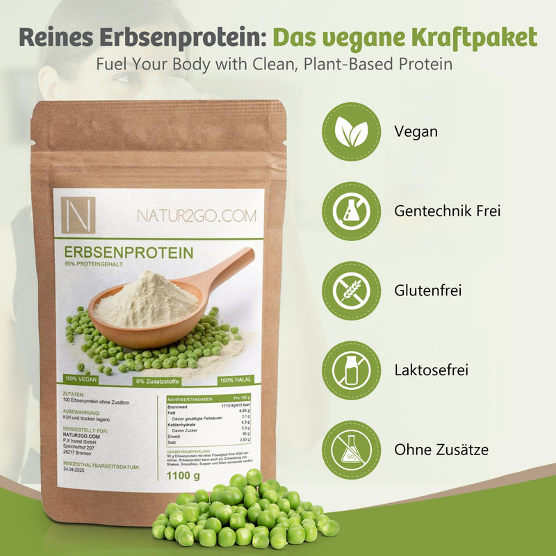 [Australia] - Natur2go 1.1 kg high-quality vegan pea protein powder 85% protein - vegan protein powder, neutral in taste, without sugar, ideal for muscle building and dieting, highly soluble 100% GMO-free (1.1 kg) 