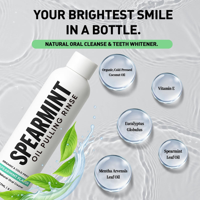 Spearmint Oil Pulling Rinse – with Organic Cold-Pressed Coconut Oil ＆ Mentha Haplocalyx Oil, Natural Mouthwash for Fresh Breath, Healthy Gums & Teeth Whitening, 8 fl oz (1)