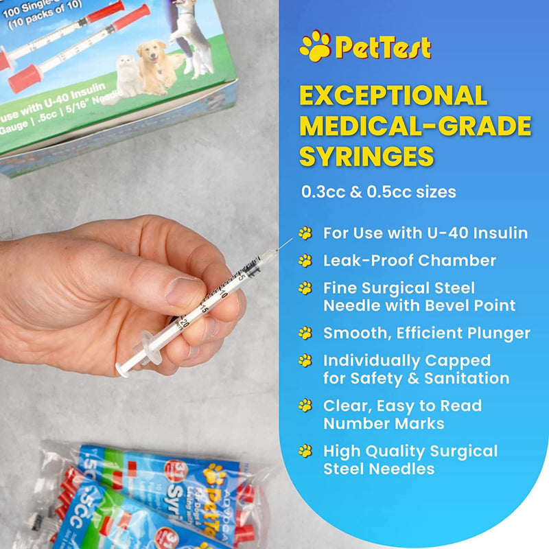 [Australia] - PetTest U-40 Pet Insulin Syringes With Needles - Comfortable Thin 31 Gauge Needles - For Cats & Dogs - Pets Diabetic Supplies - 100 Pack - Thinnest 31G, 5/16" long needle, 1/2cc (0.5cc) Volume 31 Gauge, 0.5 cc 