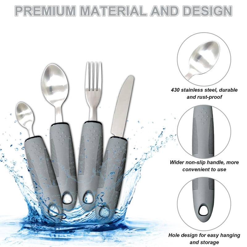 KASURE 4Pcs Easy Grip Cutlery for Arthritic Hands, Extra Wide Handles Anti Slip Disability Aids with Knife Fork Spoon, Adaptive Cutlery for Elderly Arthritis Parkinson Disabled People