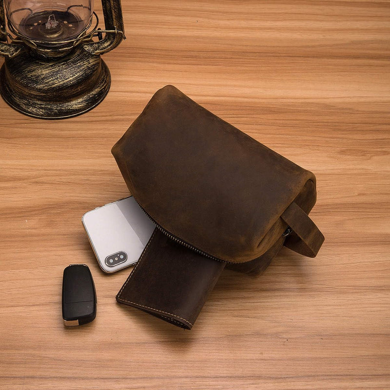 Premium Leather Unisex Toiletry Travel Pouch, Cosmetic Bag Organizer Stylish Waterproof Lining Vintage Unisex Kit, Water Resistant-Cosmetic Case DOPP Kit SD 064 (Coffee) Coffee