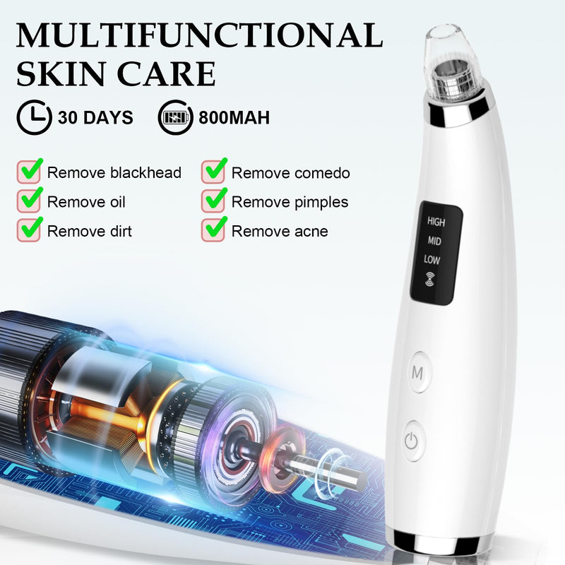 Blackhead Vacuum Removers - Pore Vacuum for Face with 5 Attachments & 3 Suction Levels - USB Rechargeable Blackhead Remover Tools for Women and Men (White)