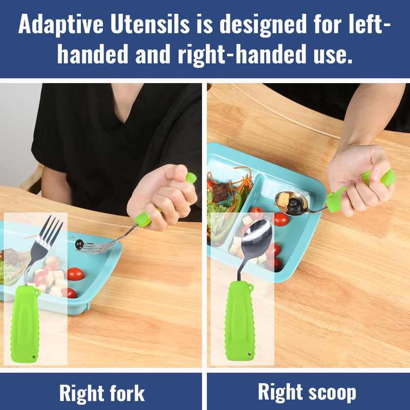 Adaptive Easy Grip Cutlery Set for Arthritic Hands - Spoon and Fork for Tremors, Parkinson, Disabled and Elderly Adults - Daily Living Assist 1 Set Green Left Hand