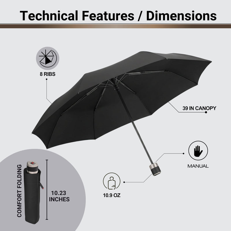 Knirps C.041 Chrome Matt Manual Rain Umbrella for Adults – Vegan Leather Handle, Wind Resistant Design, Lightweight Steel Fiberglass Frame, 39in Canopy, Protective Sleeve Included Black