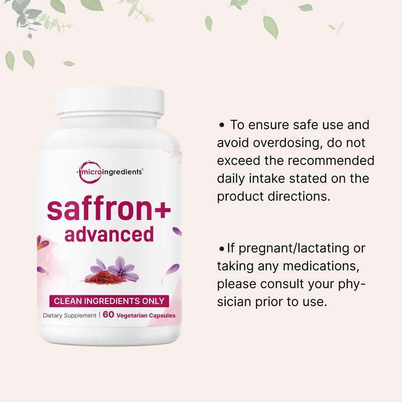 Micro Ingredients Saffron+ Advanced Supplements, 60 Vegetarian Capsules | 10-in-1 with Saffron Extract, Magnesium Glycinate, Turmeric Curcumin, KSM-66 Ashwagandha & Vitamin C. Filler-Free, Non-GMO.