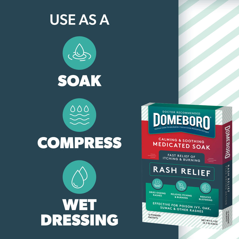 Domeboro Medicated Soak Rash Relief (Burow’s Solution), 12 Count (Pack of 1) - Packaging May Vary | Medicated soak powder helps relieve rash, dermatitis and poison ivy irritation with Burow's solution packets. 12 Count (Pack of 1)