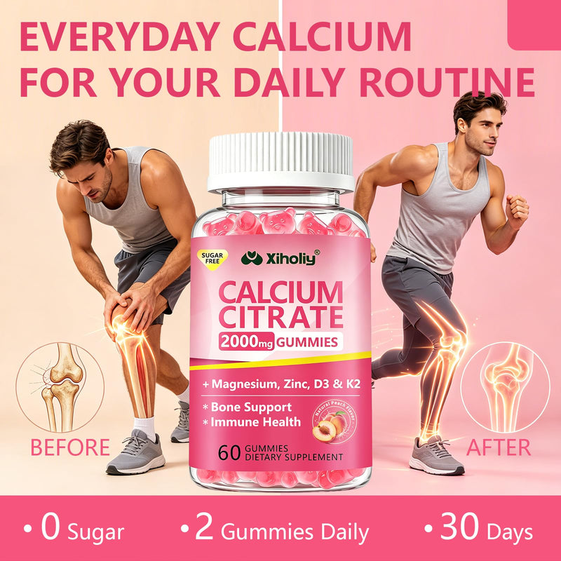 Calcium Citrate Gummies 2000 mg - Calcium Supplement for Women & Men,2 Pack | Plus Vitamin D3, K2, Magnesium, Zinc - High Absorption Supports Bone, Teeth & Immunity - Peach Flavor, Sugar-Free, Vegan 60 Count (Pack of 2)