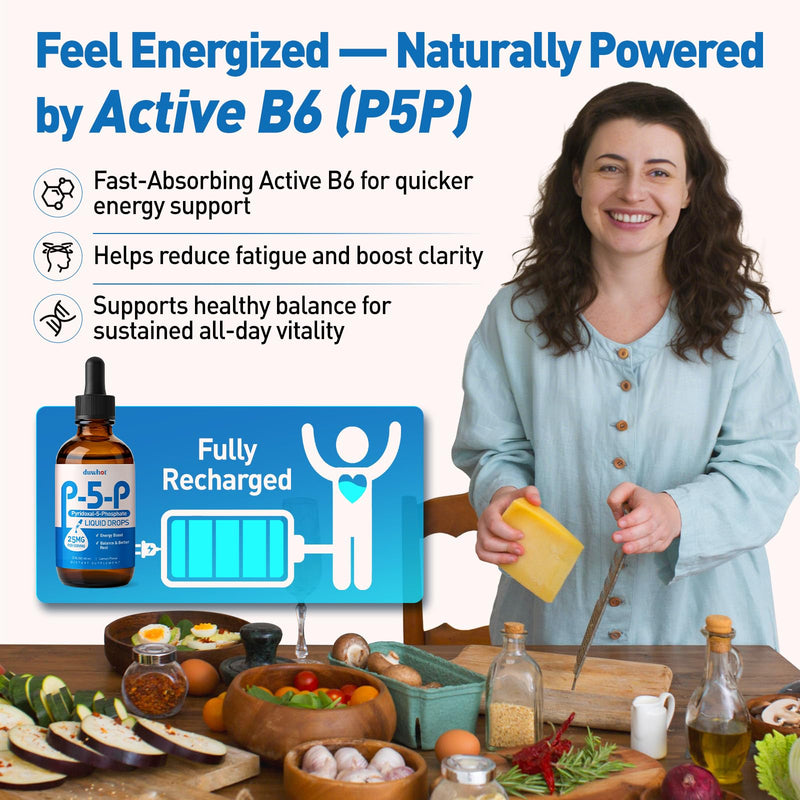 duwhot P5P Vitamin B6 25mg Liquid Drops, 2 Fl Oz | Pyridoxal-5-Phosphate Activated B6 Supplement for Women & Men, Energy Support, Balance, Nervous System Health