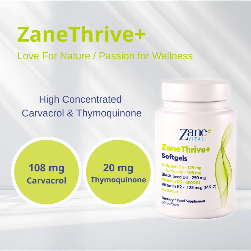 ZaneThrive + Vitamin D3 & K2, Black Seed Oil, Oregano Oil, Supplement - High Potency - Immune & Bone Wellness - with Carvacrol & Thymoquinone - Non-GMO, Gluten-Free - 60 Capsules by Zane Hellas.