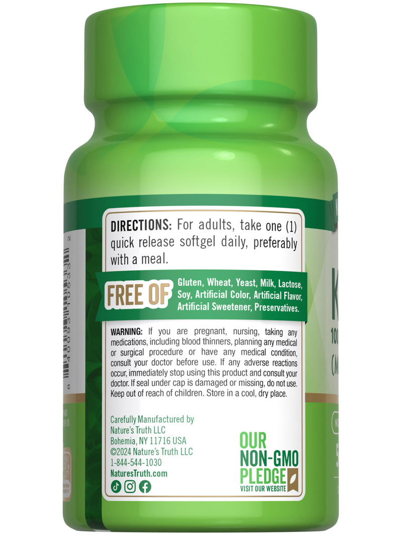 [Australia] - Nature's Truth Vitamin K2 MK7 Complex | 100 mcg | 50 Softgels | with D3 | Non-GMO & Gluten Free Supplement 50 Count (Pack of 1) 