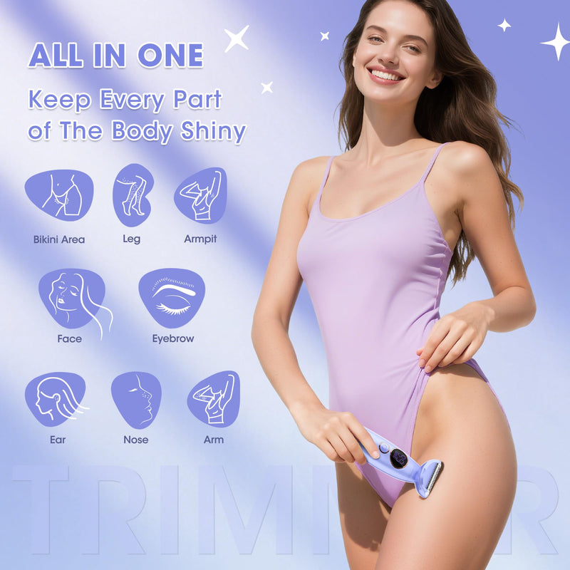 [Australia] - Karrte 5-in-1 Electric Razor for Women's Pubic Hair, Painless Body Shaver and Facial Epilator, Hair Removal for Face, Bikini Trimmer for Women's Private Area Purple 