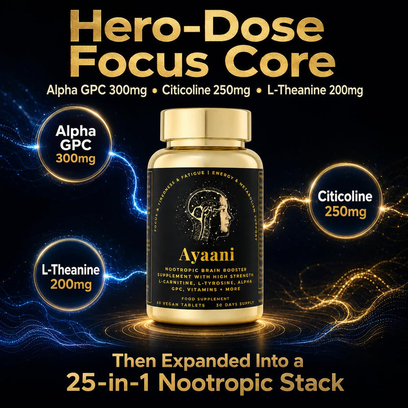 Focus Brain Booster & Memory Supplement | 25-in-1 Caffeine-Free Nootropic with Alpha GPC 300mg, Citicoline & L-Theanine | Brain Fog, Fatigue, Focus & Mental Clarity | 60 Vegan Tablets