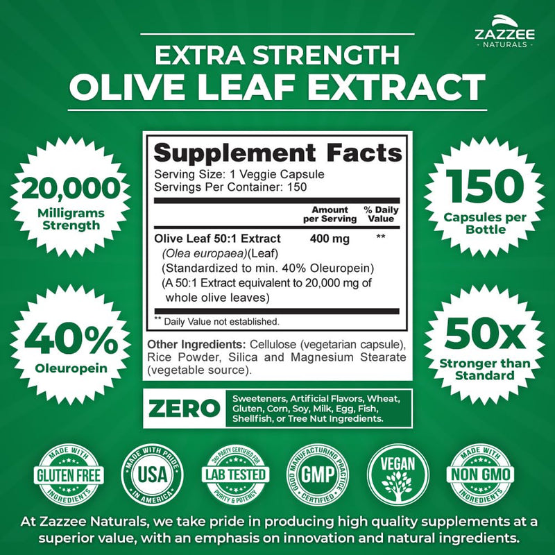 [Australia] - Zazzee Extra Strength Olive Leaf 50:1 Extract, 20,000 mg Strength, 40% Oleuropein, 150 Vegan Capsules, 5 Month Supply, Concentrated and Standardized 50X Extract, 100% Vegetarian, Non-GMO, All-Natural 