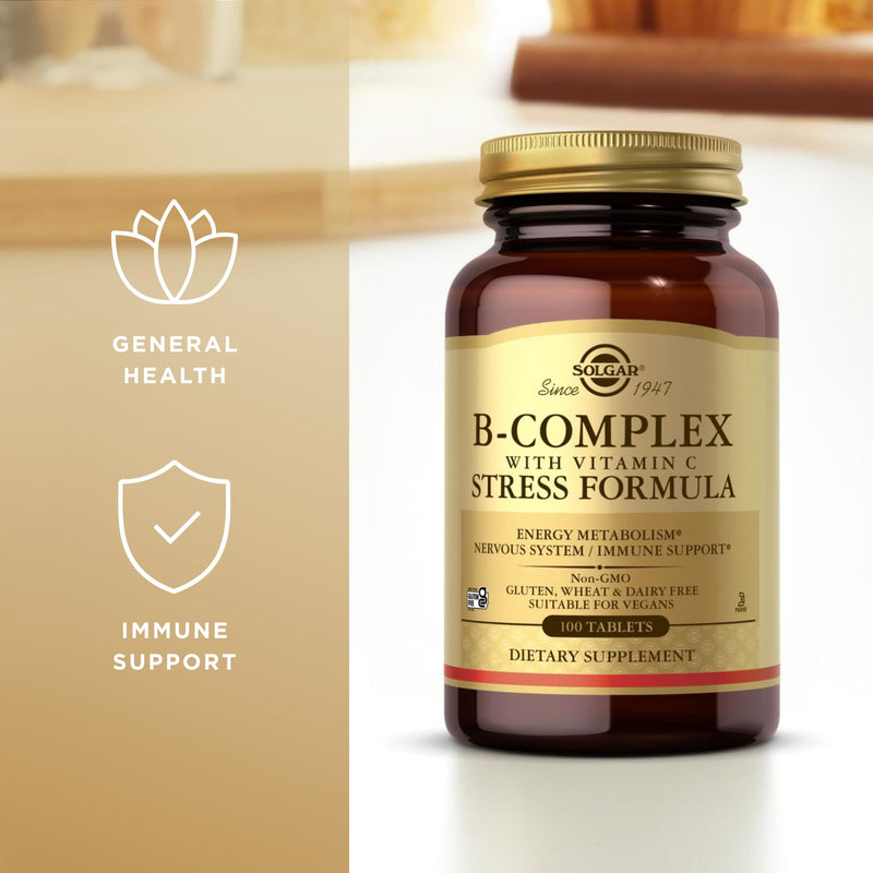 Solgar B-Complex with Vitamin C Stress Formula - 100 Tablets, Pack of 2 - Non-GMO, Vegan, Kosher, Halal & Gluten Free - 100 Total Servings