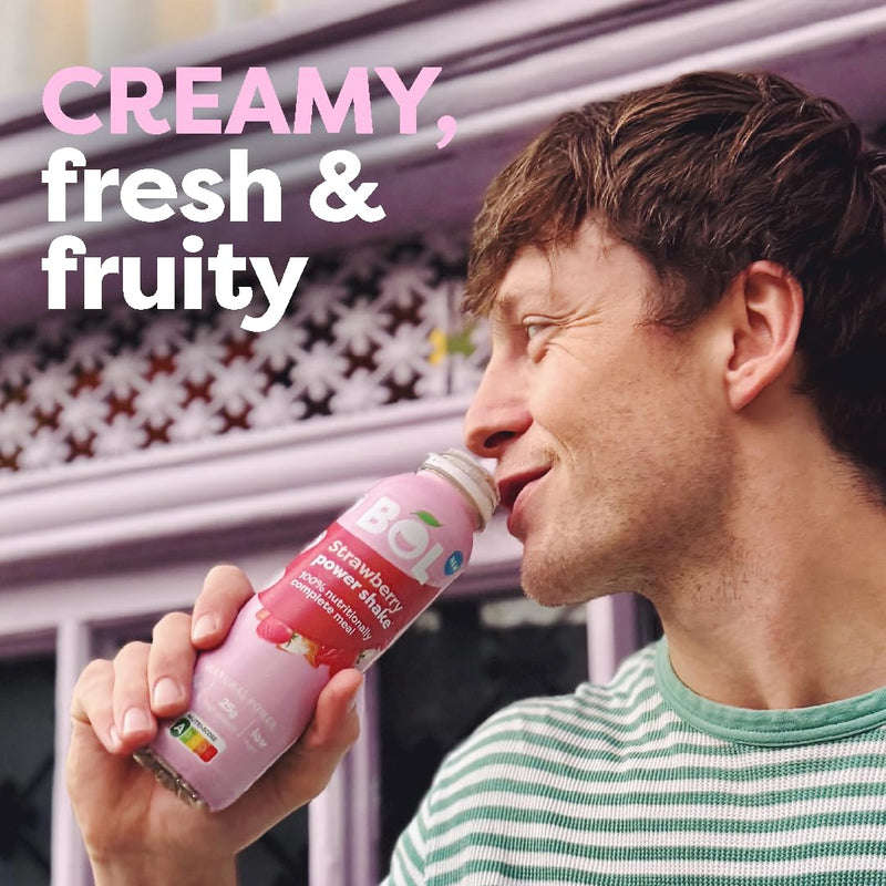 BOL Strawberry Power Shake - Ready-to-Drink Nutritionally Complete Meal (300Kcal) | 25g High Protein Shake | Low Sugar, High Fibre (9g), Plant-Based, Low Calorie Meal Replacement (410ml x 6 Bottles)