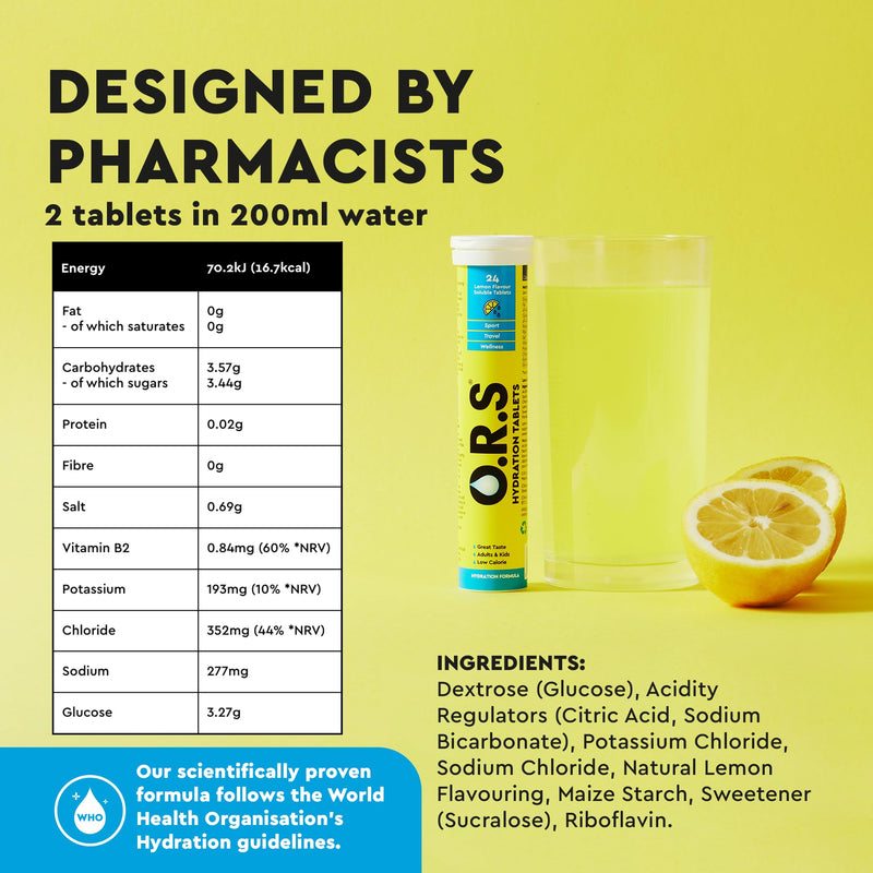 O.R.S Hydration Tablets with Electrolytes, Vegan, Gluten and Lactose Free Formula – Soluble Sports Hydration with Natural Lemon Flavour, 72 Count Lemon, 72 12 count (Pack of 6)