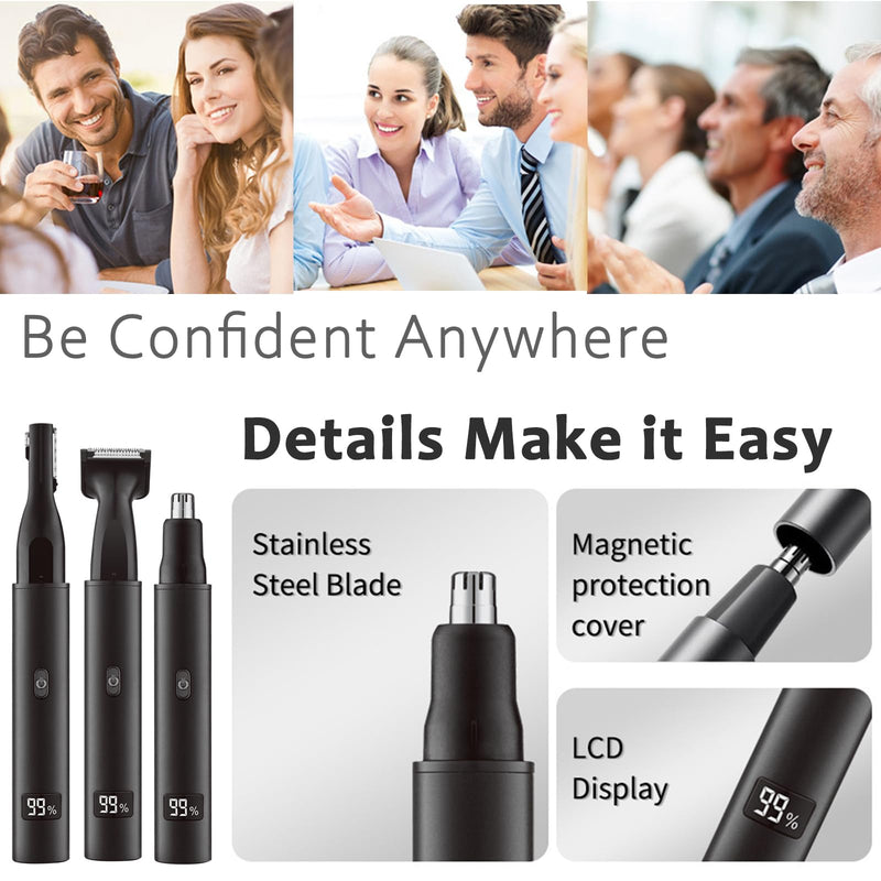 Nose and Ear Hair Trimmer for Men - Rechargeable Eyebrow Face Shaver - Nasal Hair Clippers 3 in 1 Painless Eye Brow Facial Hair Beard Razor for Sideburns Dual-edge Blades 6500 RPM Easy Cleansing