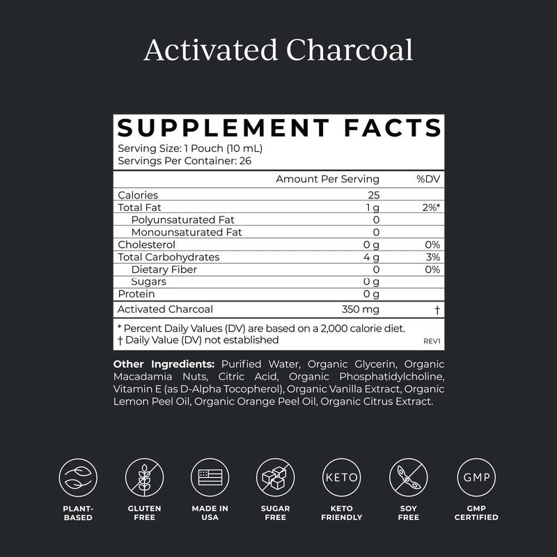[Australia] - CYMBIOTIKA Activated Charcoal Liquid Supplement with Vitamin E, Gut Health & Digestive Support for Adults, Helps Cleanse, Detox, Support Gas, Bloating, Lemon Cream Flavor, Vegan, 10ml Pouches, 26 Pack 