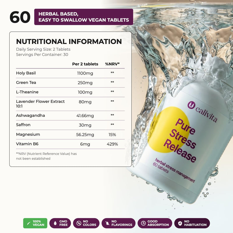 Herbal Stress Support | Pure Stress Release 1664mg | Ashwagandha, Holy Basil, Saffron & L-Theanine | Magnesium & Vitamin B6 | Calm & Relaxation Support | 60 Vegan Tablets