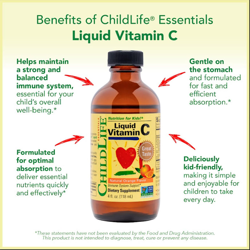 [Australia] - CHILDLIFE ESSENTIALS Liquid Vitamin C - Pure Vitamin C Liquid Supplement for Kids, Toddlers, & Babies, Immune System Support, Natural Orange Flavor, 4 Fl Oz (Pack of 1) 4 Fl Oz (Pack of 1) 