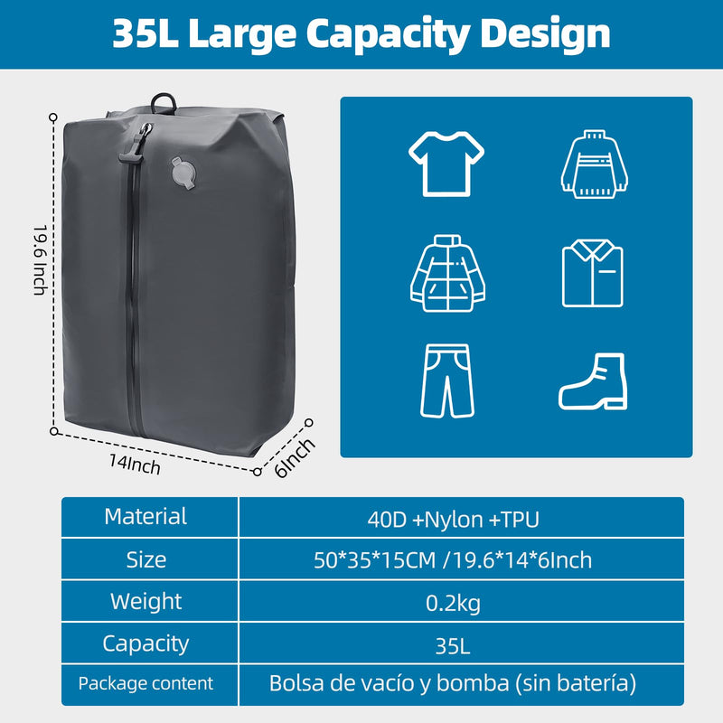 Vacuum Compression Reusable Bags Space-Saving Waterproof Pump | Storage Bag for Luggage Packing and Carry on, Backpack & Closet Organization for Travel (Black, 20 in,35L) Black 20"
