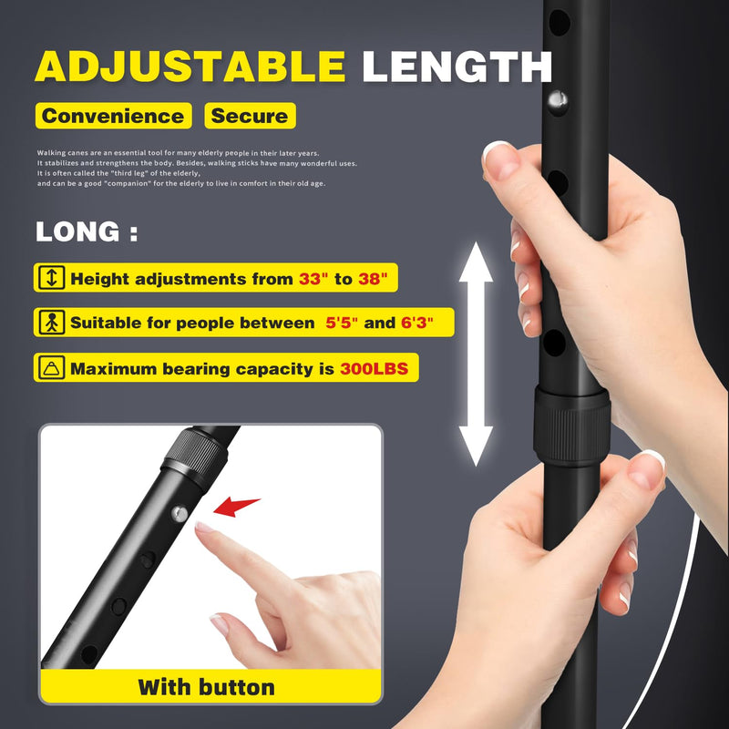 [Australia] - BigAlex Folding Walking Cane with LED Light,Pivoting Quad Base,Adjustable Walking Stick with Carrying Bag for Men/Women Black(33"-38") 