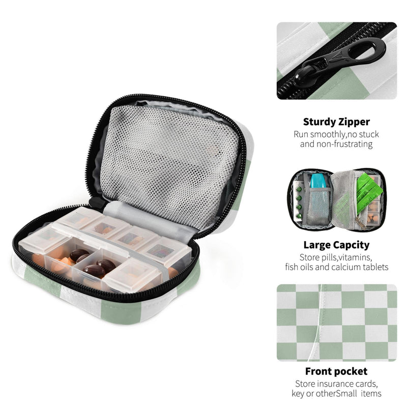 Checkered Green and White Travel Pill Organizer Weekly Small (Cute) Pill Box 7 Day Pill Case Vitamin Holder Pill Bottle Organizer Checkered Green and White one size