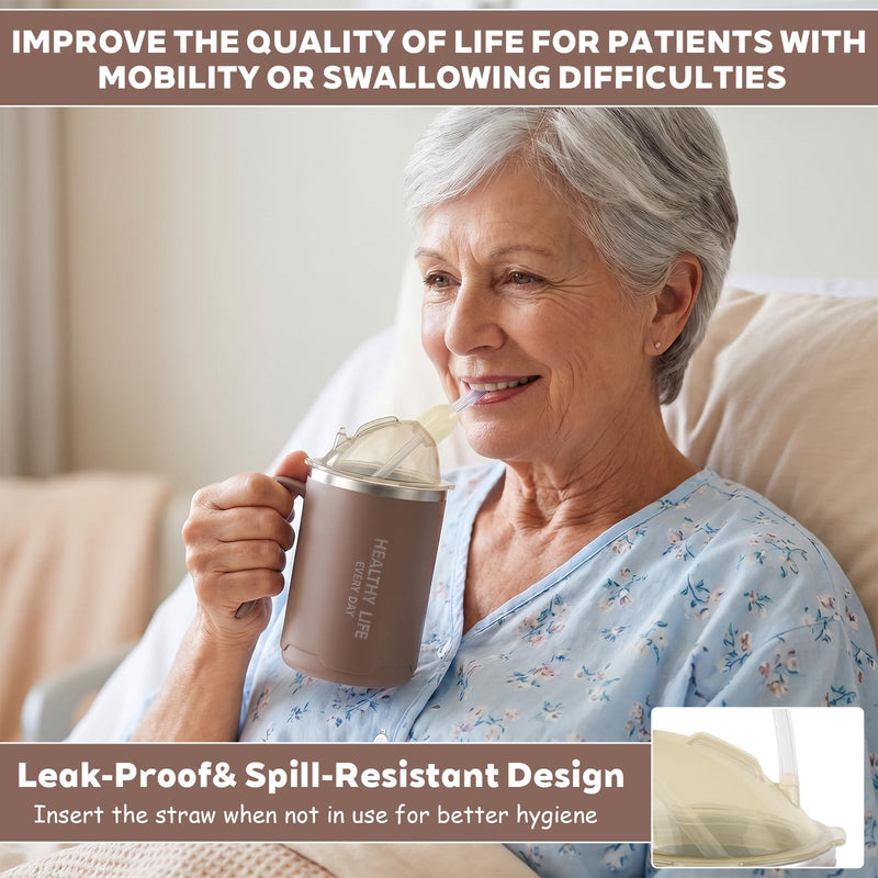 400ml Adult Sippy Cup, 3-in-1 Elderly Spill Proof Cups, Beakers for Elderly, Stainless Steel Drinking Cups Non Spill Sippy Cup for Adults with Handle for Elderly, Disabled People