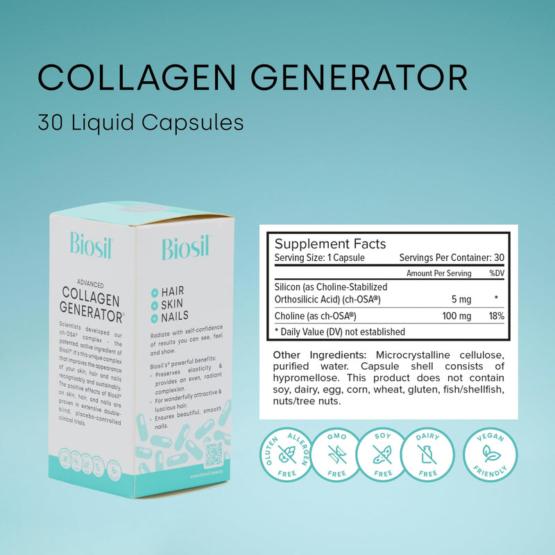 Biosil Collagen Generator - 30 Liquid Capsules - with Patented ch-OSA Complex - Generates & Protects Your Own Collagen - GMO Free - 15-Day Supply 30 count (Pack of 1)