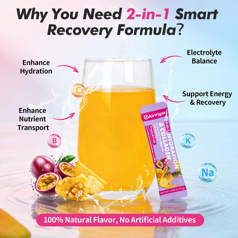 Collagen Electrolyte Powder, 10g Collagen, Tropical Fruit, 15 Ct | Zero sugar drink mix packets for post-workout hydration and recovery, with 5 vitamins, glutathione, joint and skin support