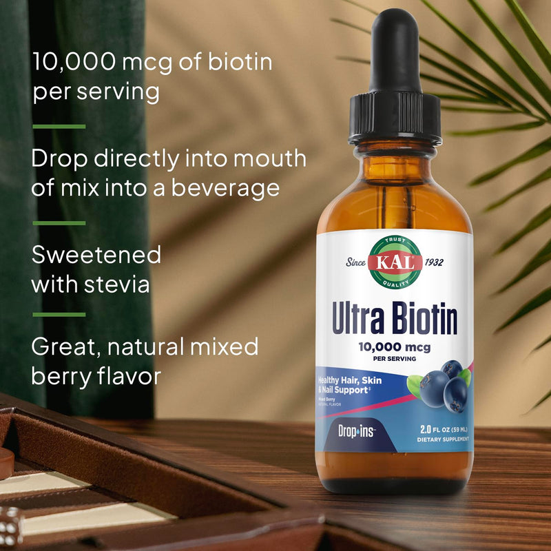 KAL Ultra Biotin 10000mcg DropIns, Natural Mixed Berry Flavor - 2 fl oz | Liquid Biotin Drops for Hair, Skin, & Nails for Women & Men, High Potency Vitamin B7 2 Fl Oz (Pack of 1)