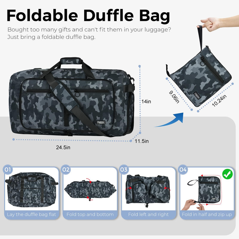 65L Duffle Bag Foldable Travel Duffel Bags for Men Women Travel Bag | Shoes Compartment, 65L Large Capacity, Foldable, Packable, Water Repellent, Tear Resistant, for Traveling Gym Overnight Camp Glossy BlackCamo