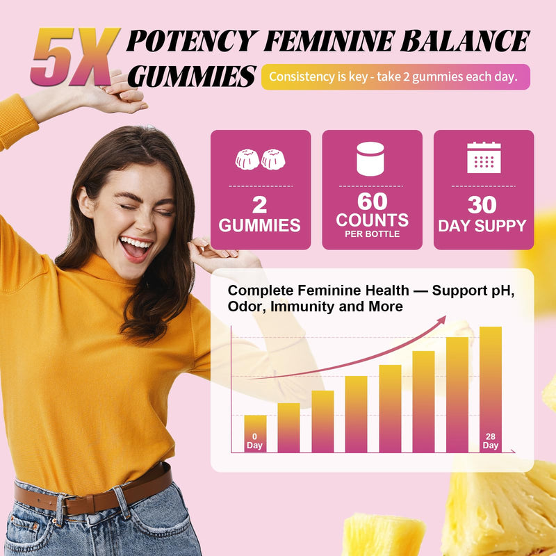 2PCS 9-in-1 Sugar Free Feminine Probiotics Gummies - pH Balance, 50 Billion CFU Vaginal Probiotic Gummies w/ Prebiotic, Slippery Elm, Cranberry, for Vaginal, Urinary Tract, Gut, Hawaiian Pineapple 60 Count (Pack of 2)