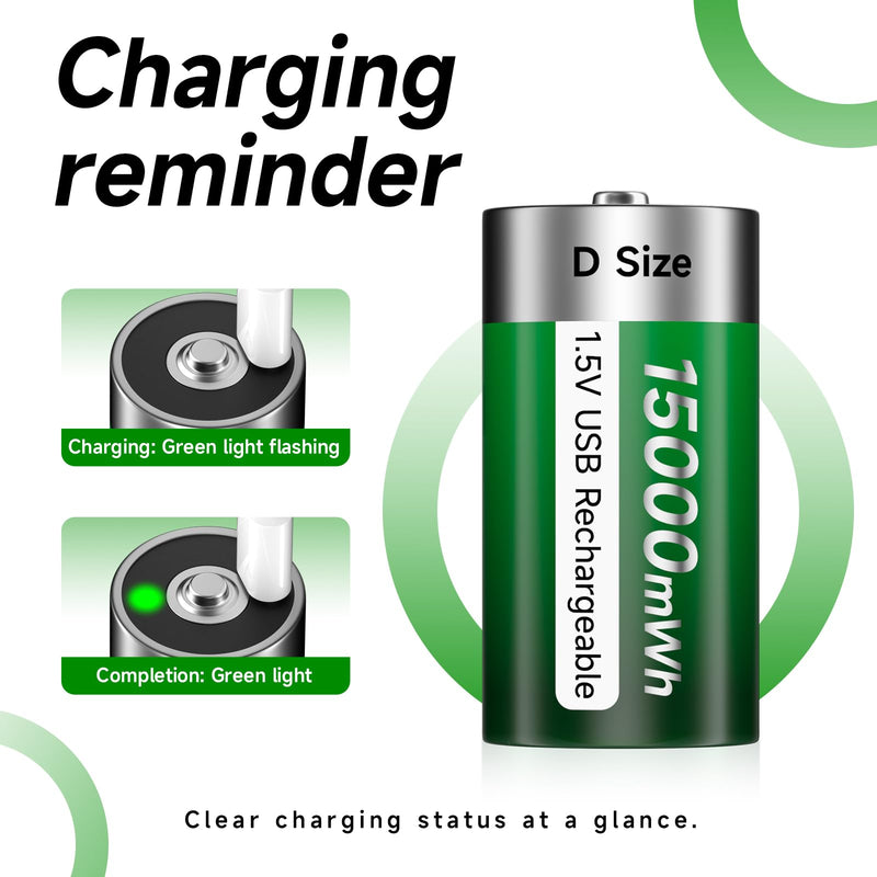 [Australia] - USB D Rechargeable Batteries Lithium 1.5V Constant Output 15000mWh Li-ion D Cell with Type-C Charging Cable,4 Pack 