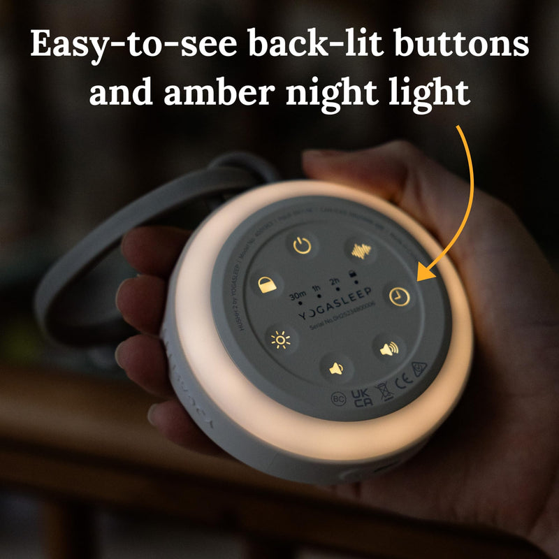 [Australia] - Yogasleep Hushh 2 Portable Sound Machine (Grey) for Baby and Kids, Backlit Buttons & Night Light, Durable, 6 Soothing Natural Sounds, Easy to Use Timer, Volume Control & Toddler Lock, Noise Canceling White 