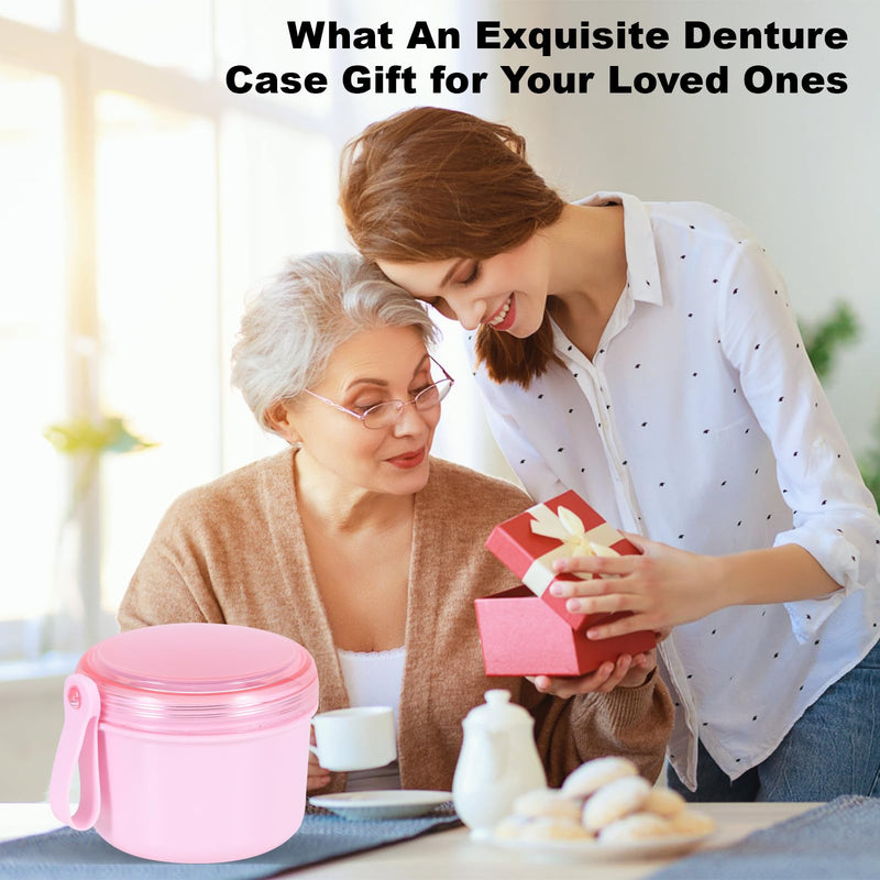 Denture Case, Leak Proof Denture Bath Cup for Travel, Denture Container Cups for Soaking Full & Partial Dentures, Retainers, Denture Cleaning Kit Holder Box with Denture Cleaner Brush-Pink Pink