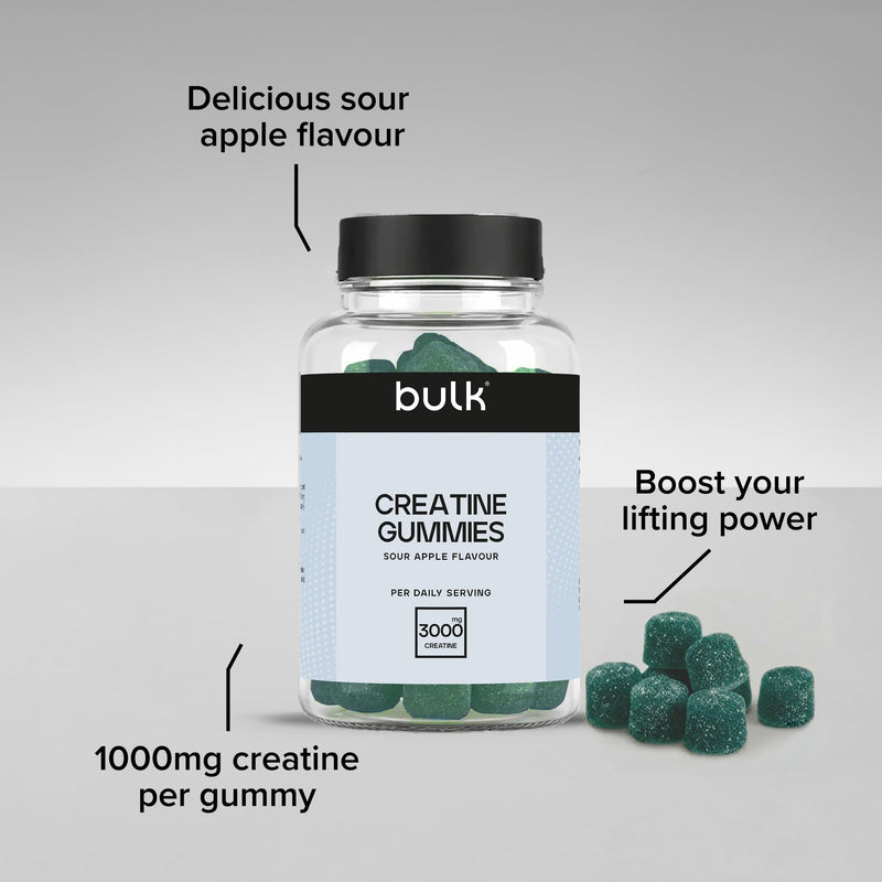 Bulk Creatine Gummies | 3000mg Creatine Monohydrate per Serving | 60 Sour Apple Flavour Gummies | Convenient & Easy to Take Daily | Vegan Pre & Post Workout Supplement