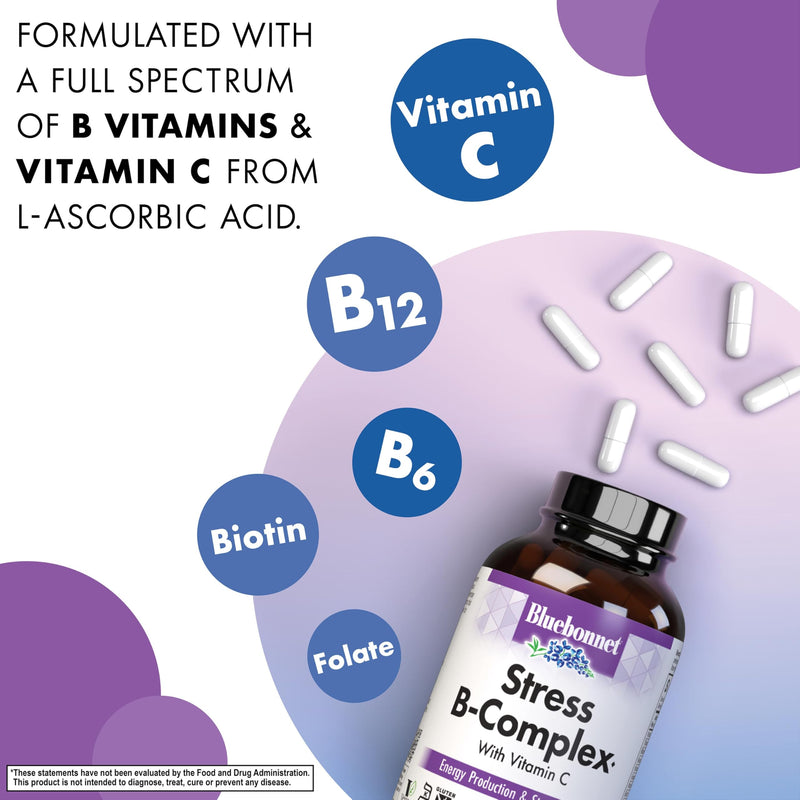 Bluebonnet Nutrition Stress Relief B Complex Vegetable Capsules, Vitamin B6, B12, Biotin, Folate, Vegan, Gluten & Soy & Milk Free, Kosher, Unflavored, 100 Count | Folate Energy & Daily Fatigue Supplement; Vegan, Gluten-Free 100 Count (Pack of 1)