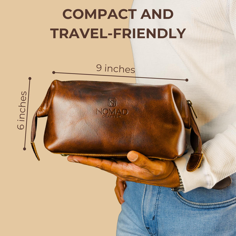 NomadCraftsCo. Premium Leather Travel Toiletry Bag for Men and Women, King-Size Dopp Kit with Waterproof Lining, Mens Toiletry Travel Bag Brown