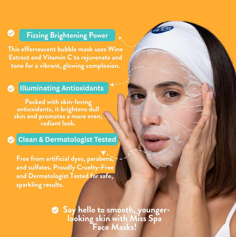 MISS SPA Brightening Bubbling Mask, Face Mask Skin Care, Vitamin C, Rejuvenate & Boost Skin, Anti- Aging Hydrating Facial Sheet Mask, Glowing Skin, Skin Care For Women Dermatologist Tested, 4 Pack