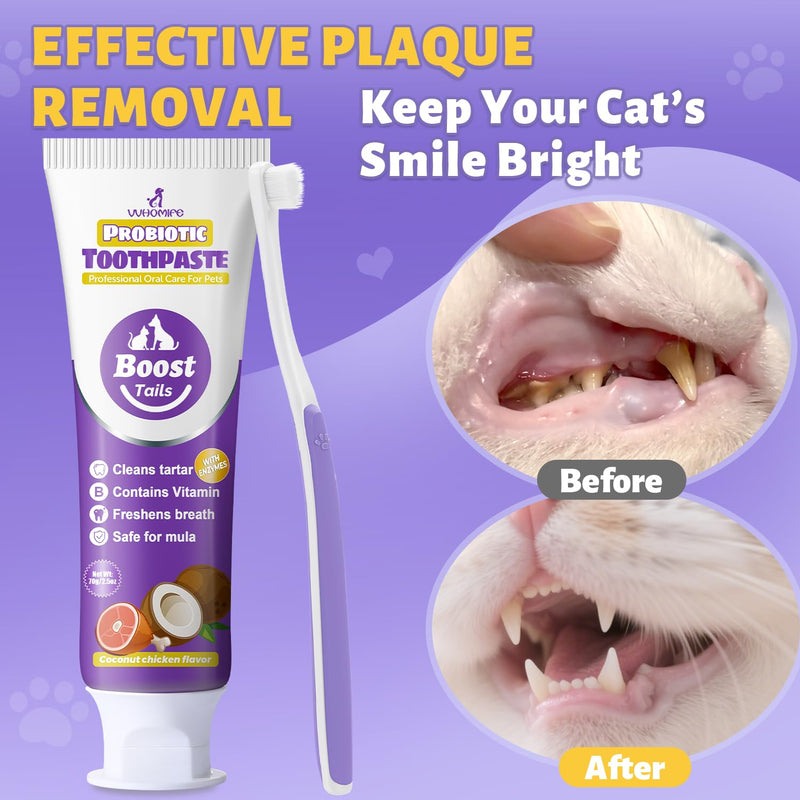 Cat Toothbrush and Toothpaste Kit - Includes Toothpaste (Coconut Chicken 2.5 oz.) Soft Brush, Finger Brush - Provides Safe and Effective Oral Care for Kittens and Adult Cats Coconut Chicken 0.83 Ounce (Pack of 3)