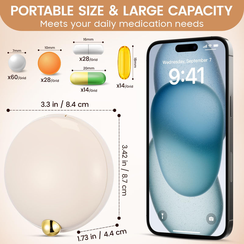 iplusmile Cute Pill Case with 4 Compartments for Purse and Travel (Beige) | Removable Divider Fits Tablets, Softgels, Vitamins & Fish Oil, ABS Case with Silicone Ring for Work, Commutes & Trips Beige